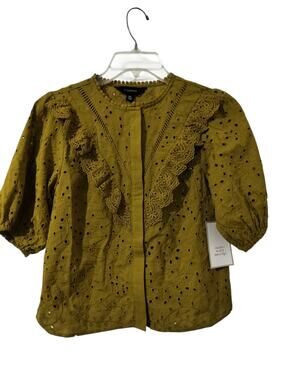 6152)Calligraphie XS Chartreuse Olive Mustar Cotton Eyelet Embroidry Peasant Top